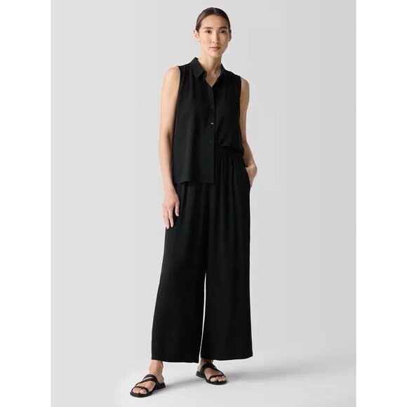 Eileen Fisher Pleated Black 100% Silk Georgette Crepe Side Zip Wide Leg Pants M